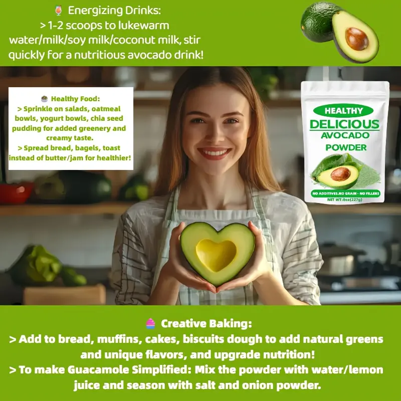 8Oz Avocado Powder, Perfectly Solves Your Troubles! Baking, Smoothies, Salads Super Versatile! Instantly Locks in Fresh Avocado'S Essence Nutrition And Natural Flavor, Ground Into Fine Powder. No Refrigeration Needed, Open And Use