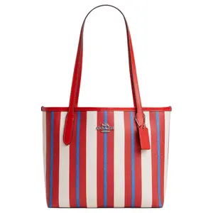 Coach City 23 Striped Logo Tote Bag for Women – Coated Canvas and Smooth Leather, Red and Blue