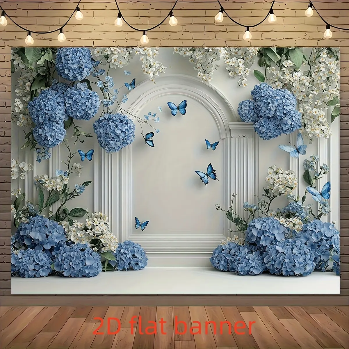 Spring Flower Arch Wedding Backdrop with Blue White Hydrangeas and Butterflies, Elegant Polyester Banner for Weddings, Birthdays and Graduations