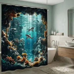 Underwater Cave Decorative Shower Curtain with Sharks and Coral Reef, Sunlight Beams Ocean View Bathroom Decor, Great Gift for Diving Enthusiasts, Tropical Summer Vacation Theme