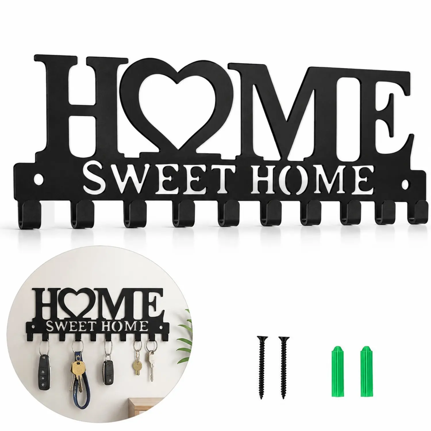 HOME SWEET HOME Wall-Mounted Metal Key Holder Organizer Hanger Rack With 10 Strong Metal Hooks Hanging Organizer for Entryway Kitchen Bathroom  Includes Installation Screws, Housewarming Gift