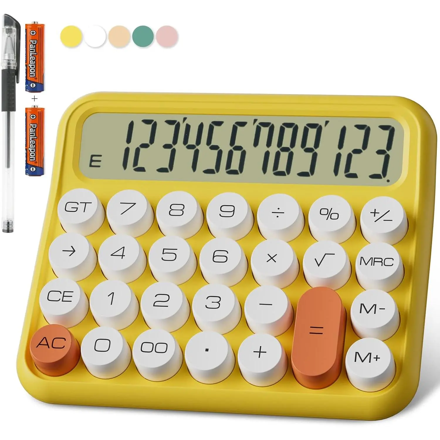 Mechanical Calculator 12 Digit, 5-Inch LCD Display,  Desk Calculator With Big Buttons, 15 Tilt Screen for Office and  (Yellow)