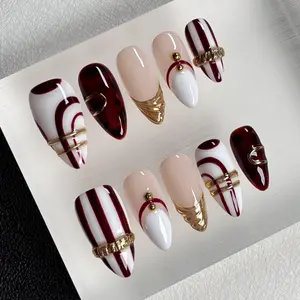 Vintage Muted Luxury Press On Nails | Medium Almond, 10pcs Burgundy tortoiseshell texture with red-white stripes & gold metallic decor, ideal for autumn vacations, dinner parties & romantic photoshoots, retro contrast, elegant & photogenic for mature dail