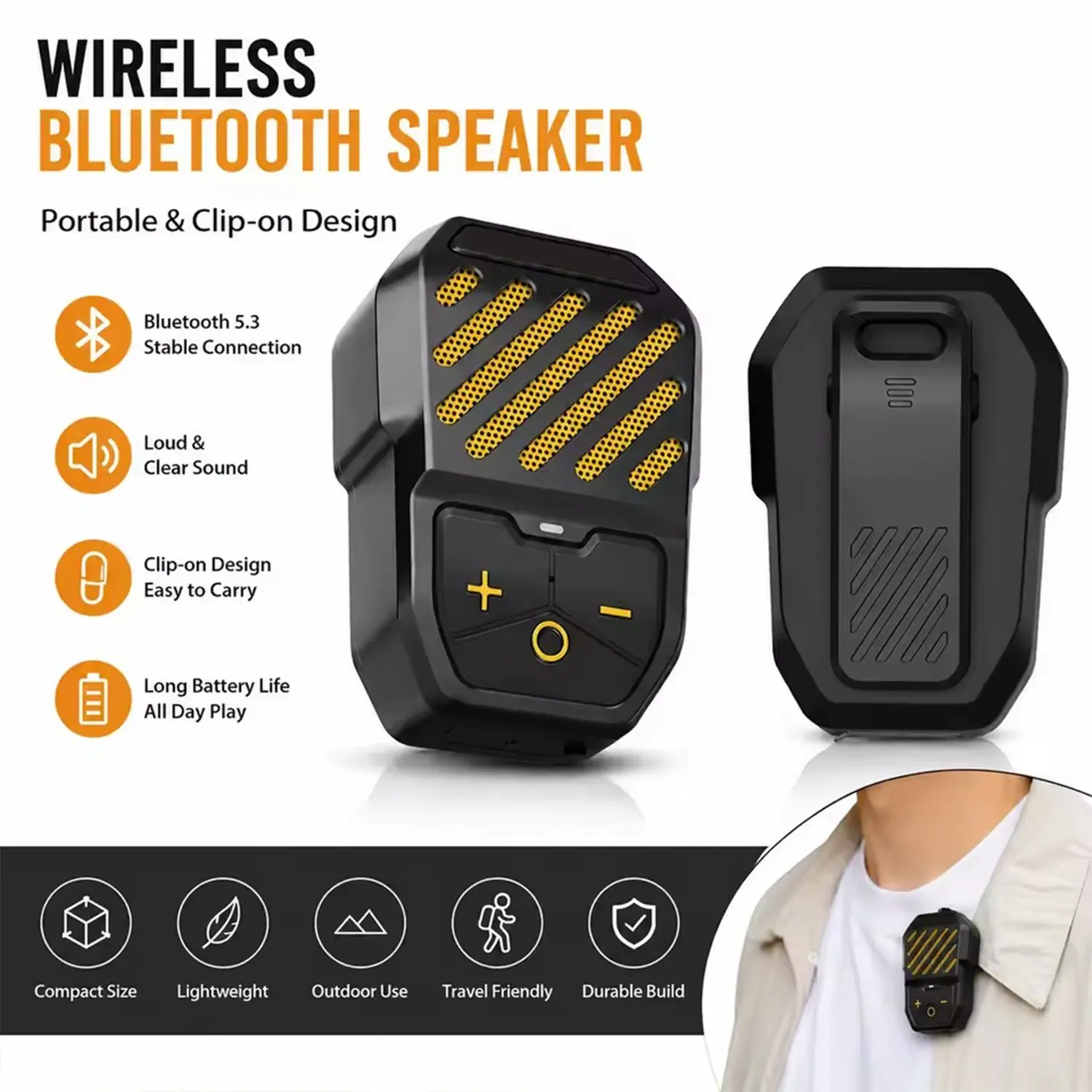 Wearable Outdoor Speaker, Clip-On Wireless Portable Speaker,Microphone, Music/calls, Long Battery Life, Ipx5 Waterproof, Ideal for Work and Sports