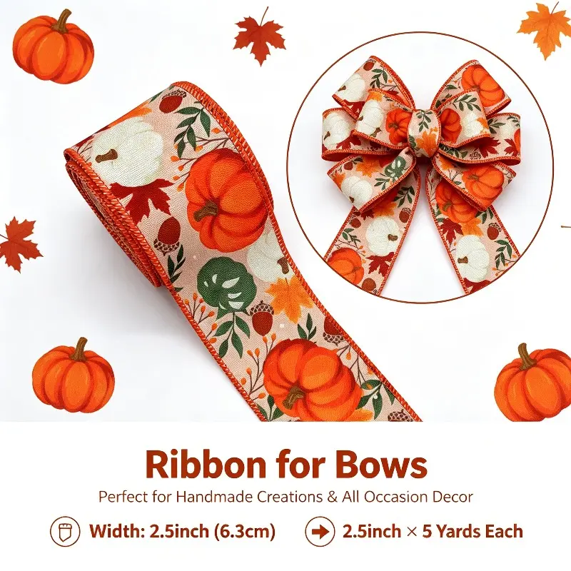 5yd/63mm(2.5inch) Wired Ribbon Fall Harvest Thanksgiving Pumpkin Orange Maple Leaf Bow Ribbon Wreath Decor Holiday Decor Bow Making Gift Wrapping Handmade DIY