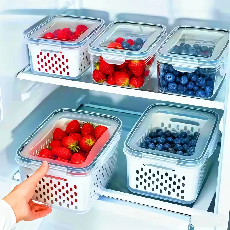 3 Pack Large Capacity Fruit Vegetable Storage Container with Detachable Drainer Basket BPA Free Refrigerator Safe Dishwasher Safe Food Fresh Keeper for Berries Vegetables