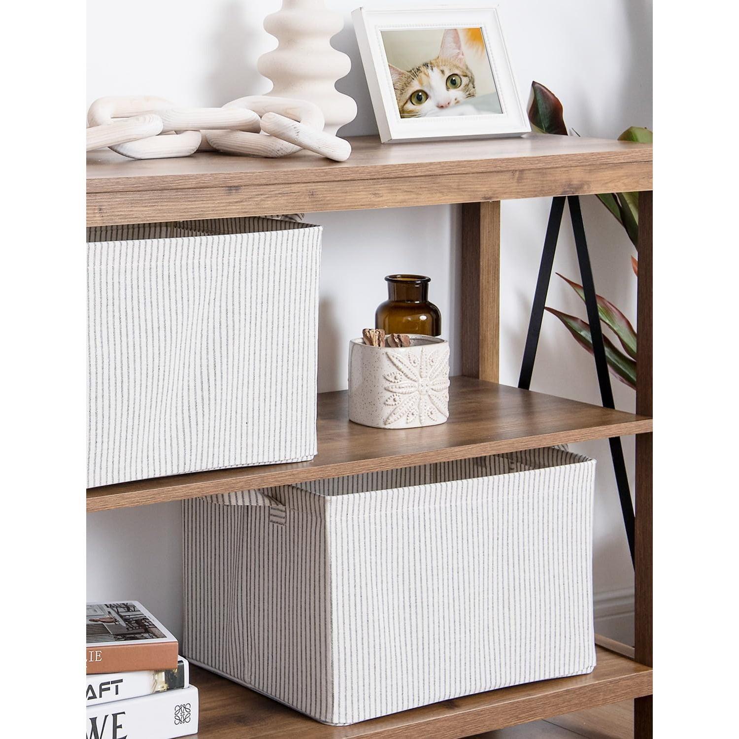 2-Pack Large Fabric Storage Bins for Shelves, Khaki and Beige Striped Storage Baskets with Metal Frame and Handles, Foldable Closet Organizer Bins