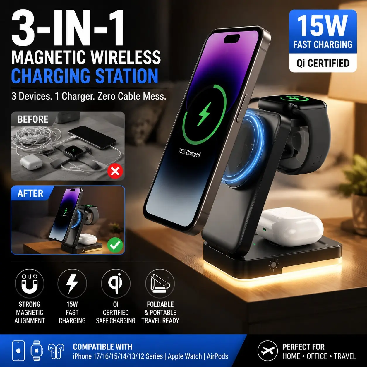 Foldable Portable 3-in-1 Wireless Charging Station 15W MagSafe Compatible Charger Stand Qi Fast Charging Dock for Smartphone iPhone Apple Watch AirPods Bedside Nightstand Desk Organizer with LED Night Light Multi Device Charging Solution