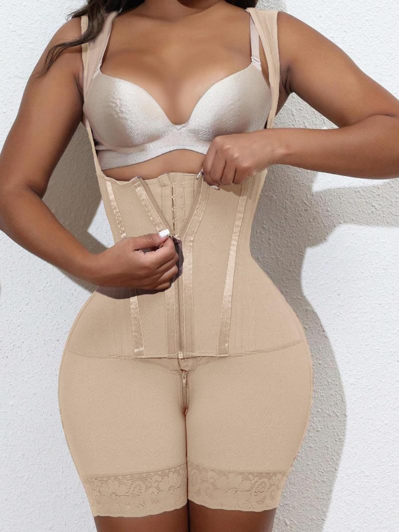 Women's Contrast Lace Zipper Shapewear Romper, Adjustable Hook & Eye Tummy Control Shaper, Women's Shapewear for All Seasons