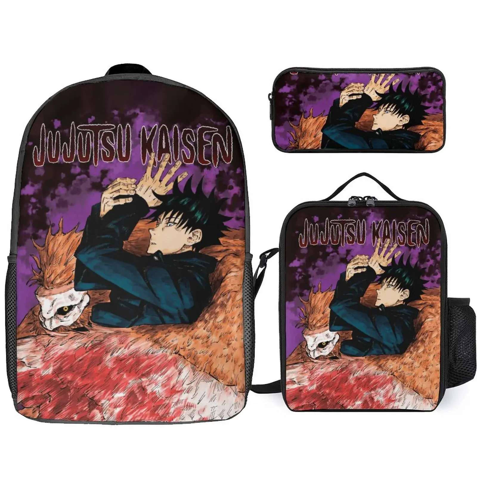 Jujutsu Kaisen Backpack Set, 3-Piece Casual Yuji Itadori Graphic Daypack with Lunch Box & Pencil Case, Unisex Water-Repellent Oxford Cloth Bag for School & Campus Life, Back To School Haul, Built-In Organizer, Business Trips, Anti-Theft