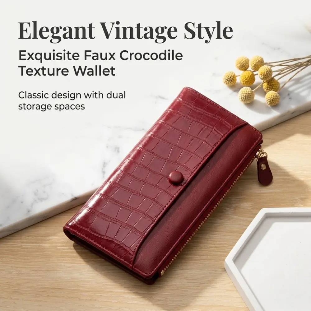 Women's Classic Crocodile Embossed Leather Long Wallet, Large Capacity Phone Clutch with Snap + Zip Closure for Daily Use and Travel, Double Pockets