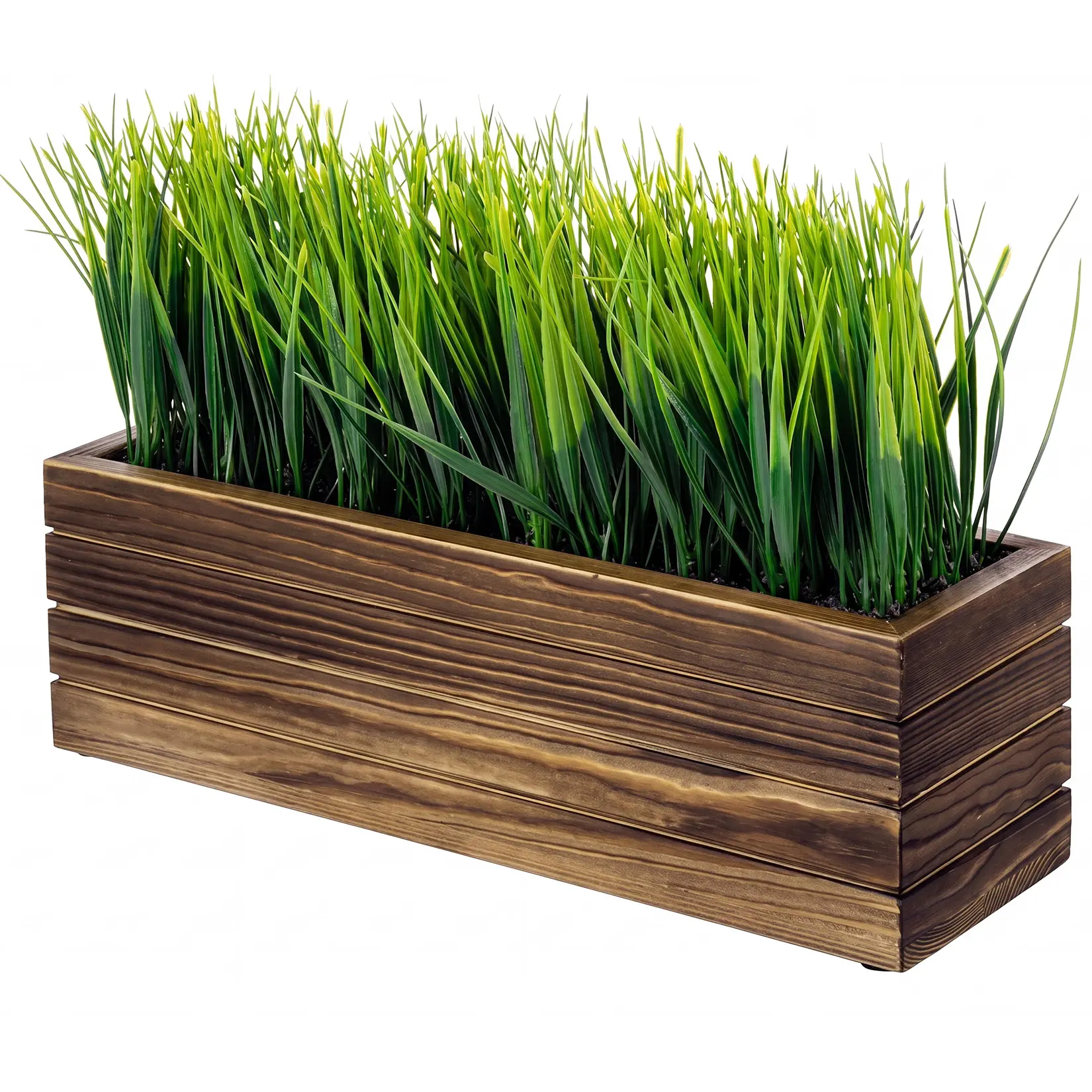 Realistic Faux Grass Plant for Home Decor – Rectangular Black Wooden Planter Box – Rustic Decorative Artificial Greenery – Perfect for Windowsill Display