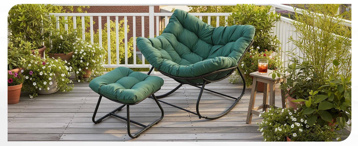 RoyalCraft Patio Rocking Chair with Ottoman, Outdoor Indoor Rocking Egg Chair with Cushions, Metal Lounge Chair Oversized Papasan Chair, Outdoor Wicker Reading Chair for Porch Garden, Green