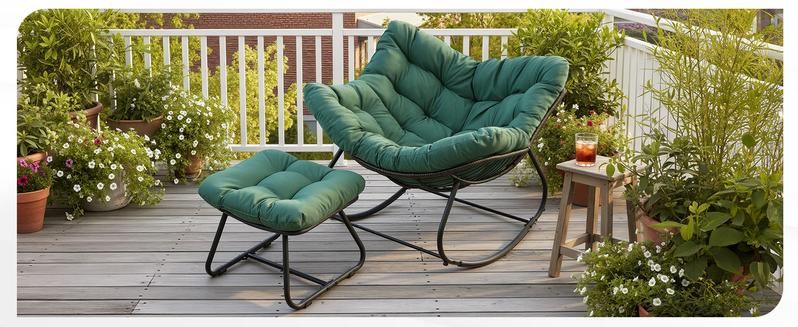 RoyalCraft Patio Rocking Chair with Ottoman, Outdoor Indoor Rocking Egg Chair with Cushions, Metal Lounge Chair Oversized Papasan Chair, Outdoor Wicker Reading Chair for Porch Garden, Green