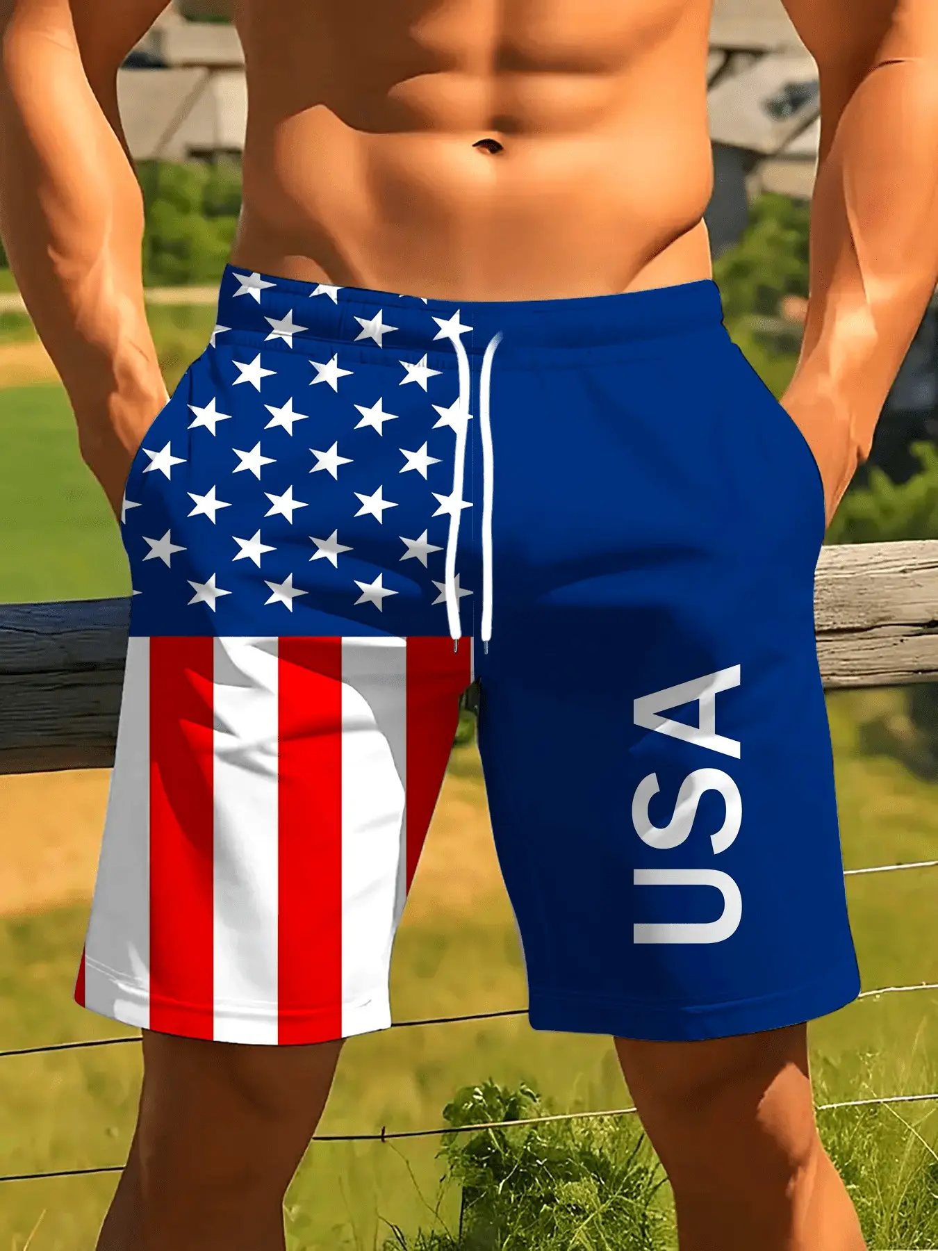 Men's American Flag Print Beach Shorts, Half Flag Half Solid Blue with Usa Lettering, Casual Loose-Fitting Graphic Swim Trunks Bathing Shorts for All Seasons, Printed Trunks Swimsuit Shorts