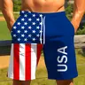 Men's American Flag Print Beach Shorts, Half Flag Half Solid Blue with Usa Lettering, Casual Loose-Fitting Graphic Swim Trunks Bathing Shorts for All Seasons, Printed Trunks Swimsuit Shorts
