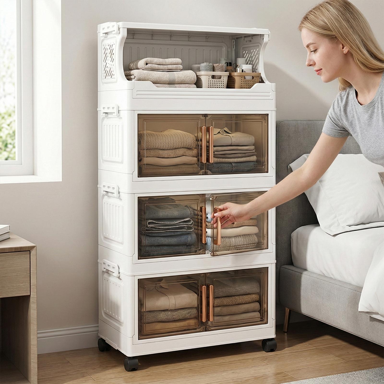 3 Tier Stackable Plastic Storage Bins with Doors and Wheels 42cm Foldable Plastic Storage Container Large Capacity for Craft Home Pantry DormTransparent