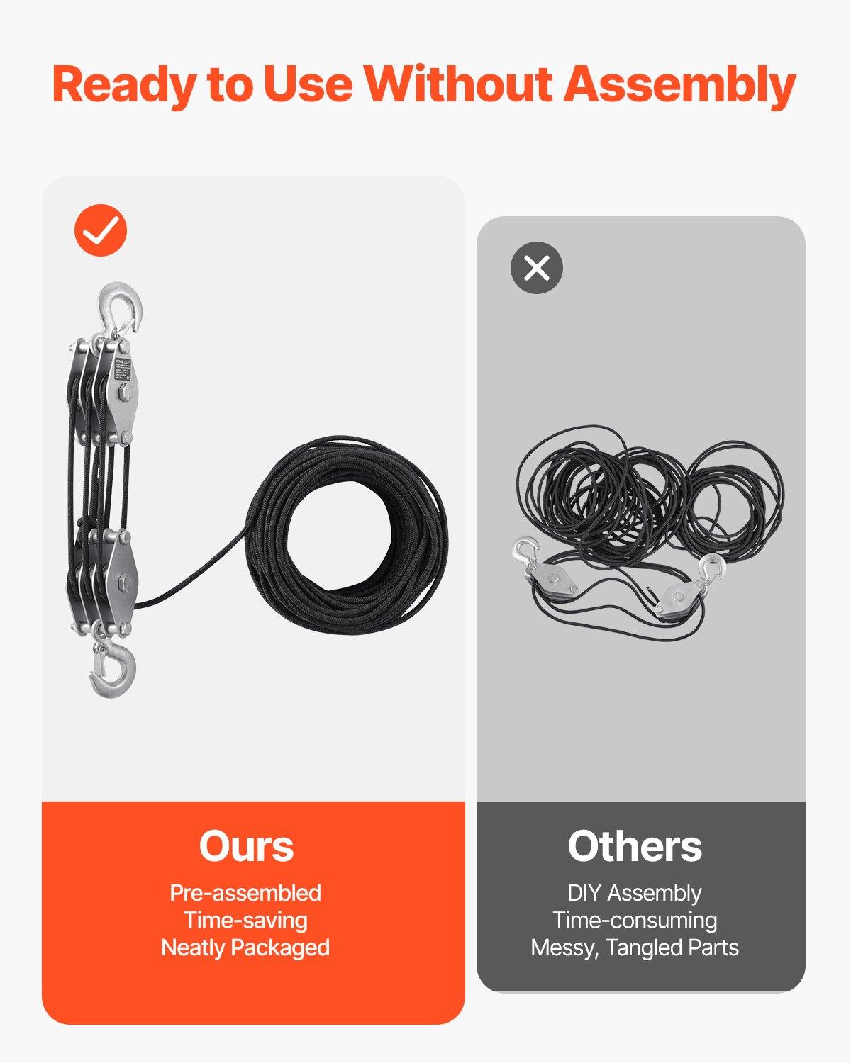 VEVOR 4400 lbs Breaking Strength 100 FT Rope Pulley Hoist, 5:1 Lifting Power Heavy Duty Pulley System with 2pcs Soft Loops, Metal Wheels Bearing Structure, Block and Tackle for Lifting Heavy Objects VEVOR 4400 lbs Breaking Strength 100 FT Rope Pulley Hoist, 5:1 Lifting Power Heavy Duty Pulley System with 2pcs Soft Loops, Metal Wheels Bearing Structure, Block and Tackle for Lifting Heavy Objects