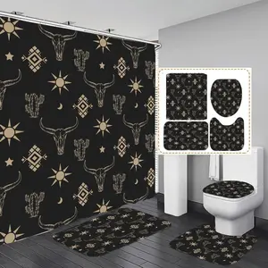 Geometric Bull Head Pattern Bathroom Accessories, 4 Pcs/Set Including Shower Curtain & Toilet Lid Cover & Mat & Toilet U-shape Mat Set, Bathroom Decor And Accessories, Shower Essentials