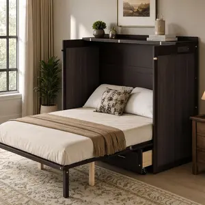 ARCH Queen Size Murphy Bed Cabinet with USB Charging, Vertical Foldaway Wall Bed with Drawers, Pine Wood Coffee Finish, Space Saving Hidden Bed with Safety Lock & Anti-Tip Device for Home Office Guest Room