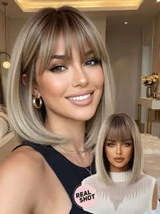 Women's Short Straight Wig with Bangs, Gradient, Heat-Resistant Synthetic Fiber, Natural Look, Daily Wear/party Gift, Hair Wig