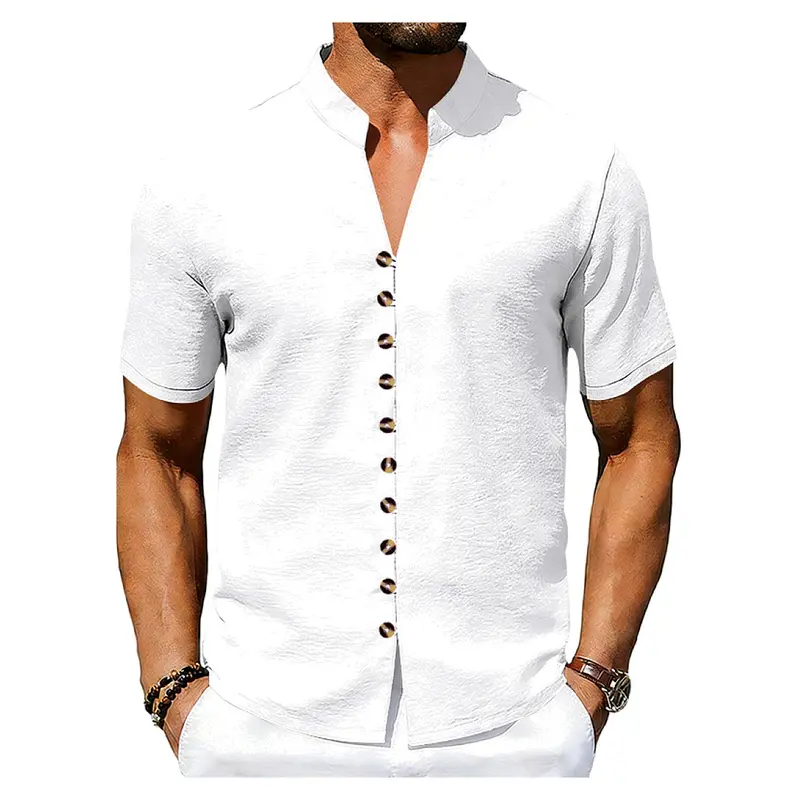 Men's Summer Loose Mandarin Collar Short Sleeve Shirt, Ethnic Chinese Tang Style Button Down Casual Blouse, Lightweight Wrinkle Fabric Top for Beach Vacation Daily Commute Outdoor Street Fashion Outfit