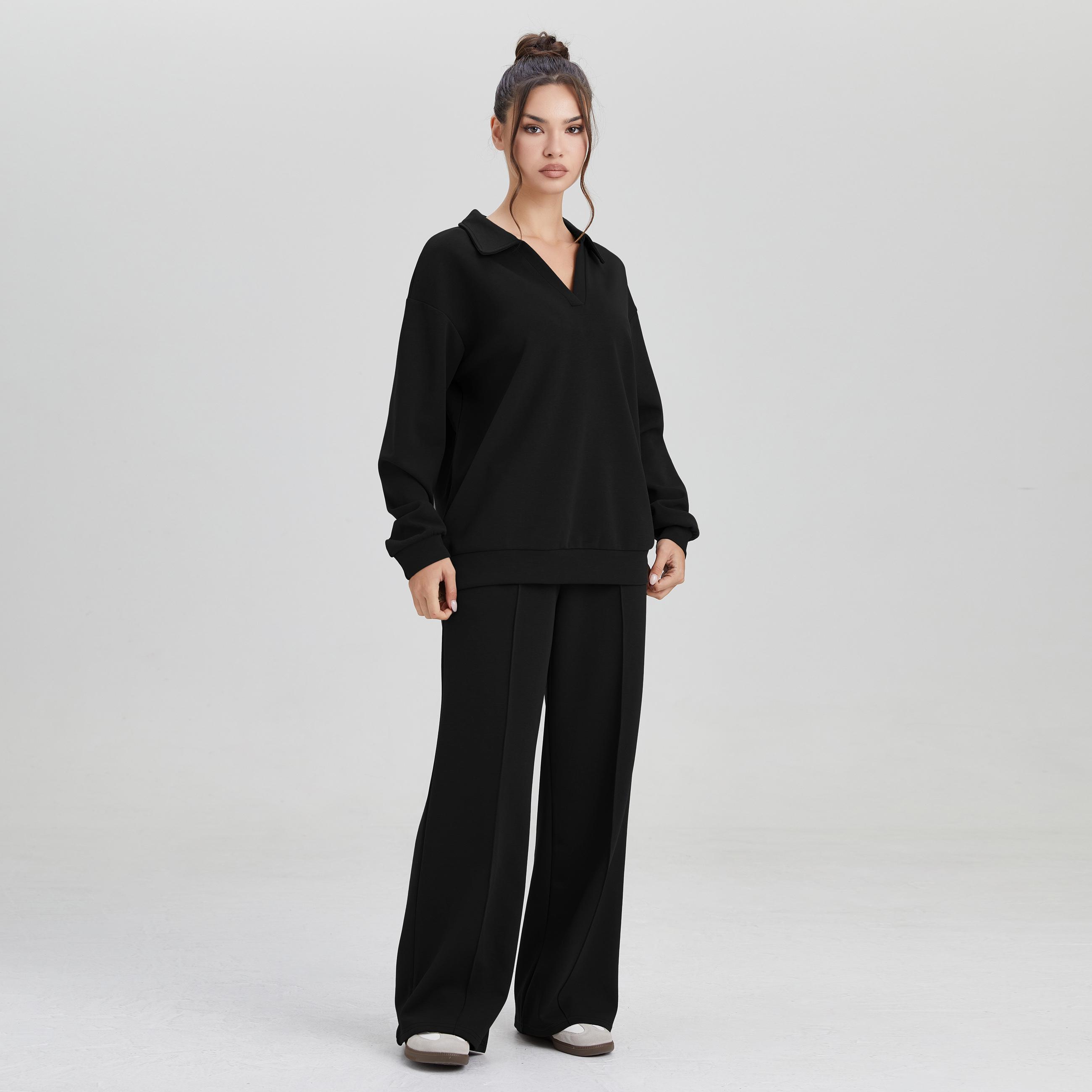 Women's Minimalist Solid Color Split-Neck Sweatshirt, Simple Style Loose Long Sleeve Top, Lady Casual Comfort Outfit