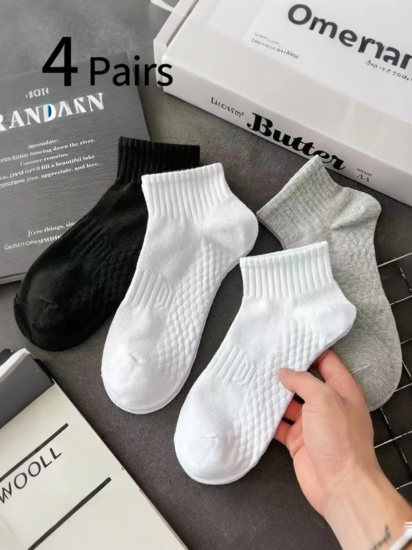4 Pairs Men's Socks, Thick Towel Bottom, Non-Slip Shock Absorption, Basketball Socks, Durable Sports Socks, Low Top, Comfortable Soft