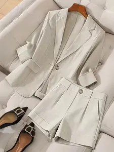 Linen Blend Two-Piece Set with Single Button Folded Seven-Fold Sleeve Suit, High-Waisted Pleated Rolled Hem Shorts, Commuter