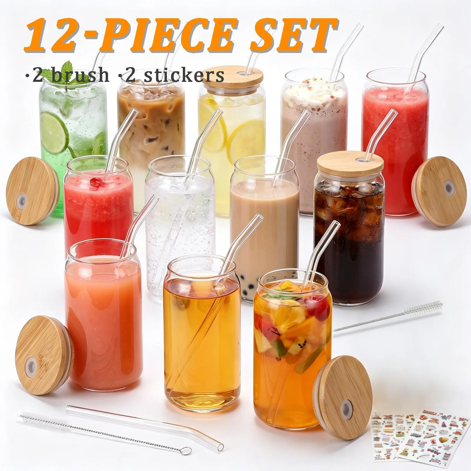12-Pack 16 oz Reusable Glass Tumblers with Bamboo Lids and Straws - Classic Elegant Set for Housewarming Gifts, Full Set Solves Daily Drink Needs, Ideal for Iced Coffee, Smoothie, Boba