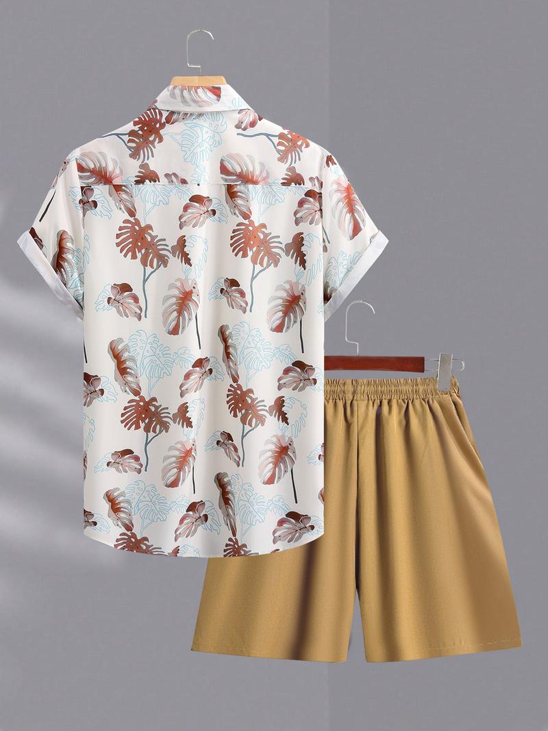 Men's Coconut Tree Print Shirt & Shorts Set, Regular Fit Casual Short Sleeve Button Up Top & Drawstring Waist Shorts, Men's Summer Outfits