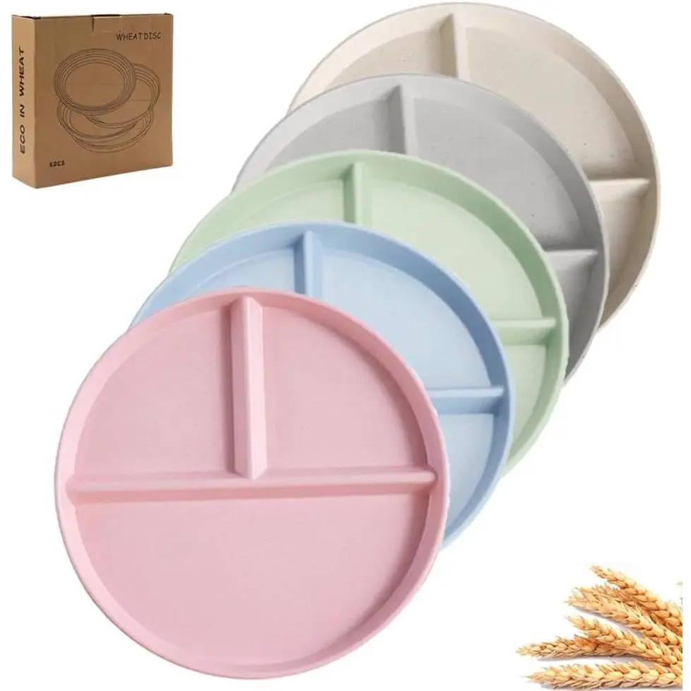 9" Unbreakable Divided Plates Set of 5, Wheat Straw Plate  Dinnerware Portion Control Plates, Round Bariatric Plastic Plate for  Adults, , Dishwasher Safe