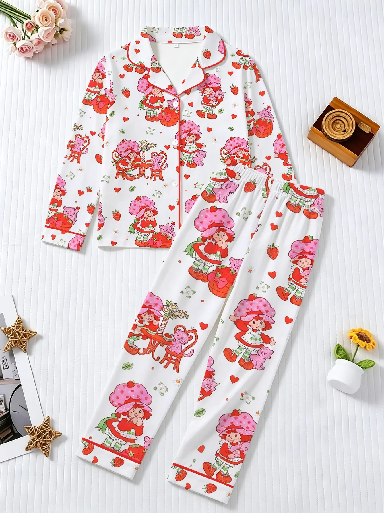 2-Piece Children Pajama Set, Base Strawberry Shortcake Print, Soft Lapel Top & Pants, Casual Home Sleepwear, Spring Autumn Pjs, Collared Pajama Set