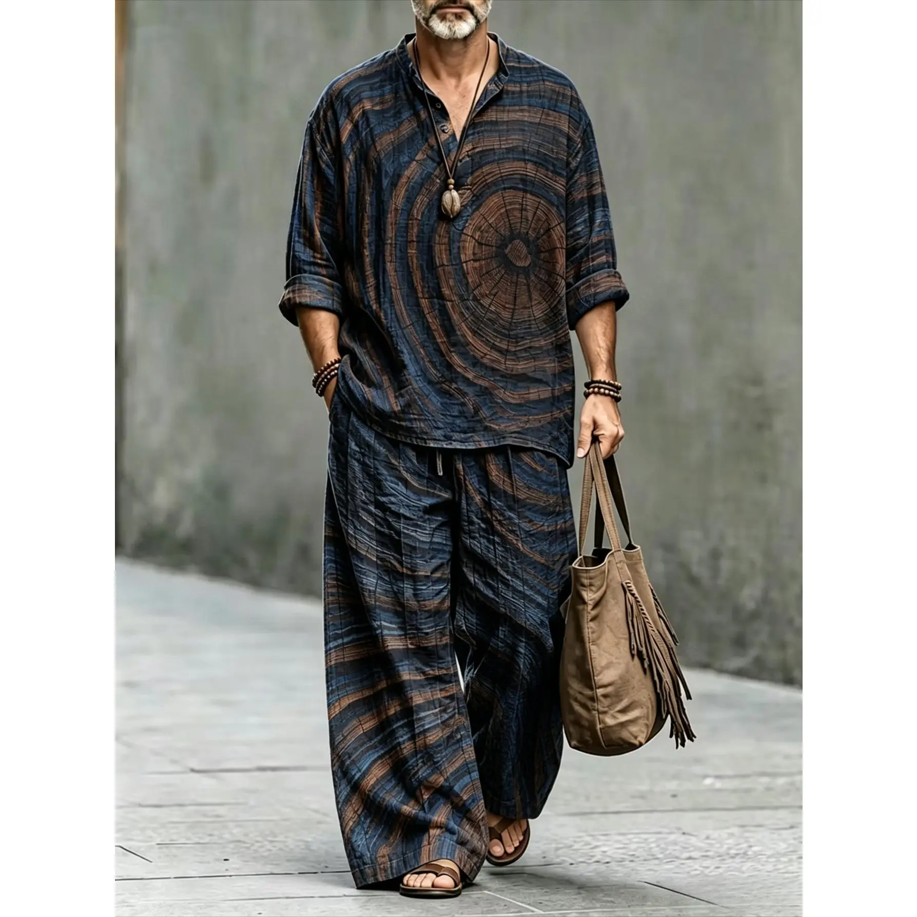 Men's 2-Piece Linen Clothing Set - Stand-Up Collar Semi-Open-Front Long-Sleeved Top, Drawstring Wide-Leg Pants with Tree-Patterned Whirlpool Print, Relaxed Bohemian Casual Outfit