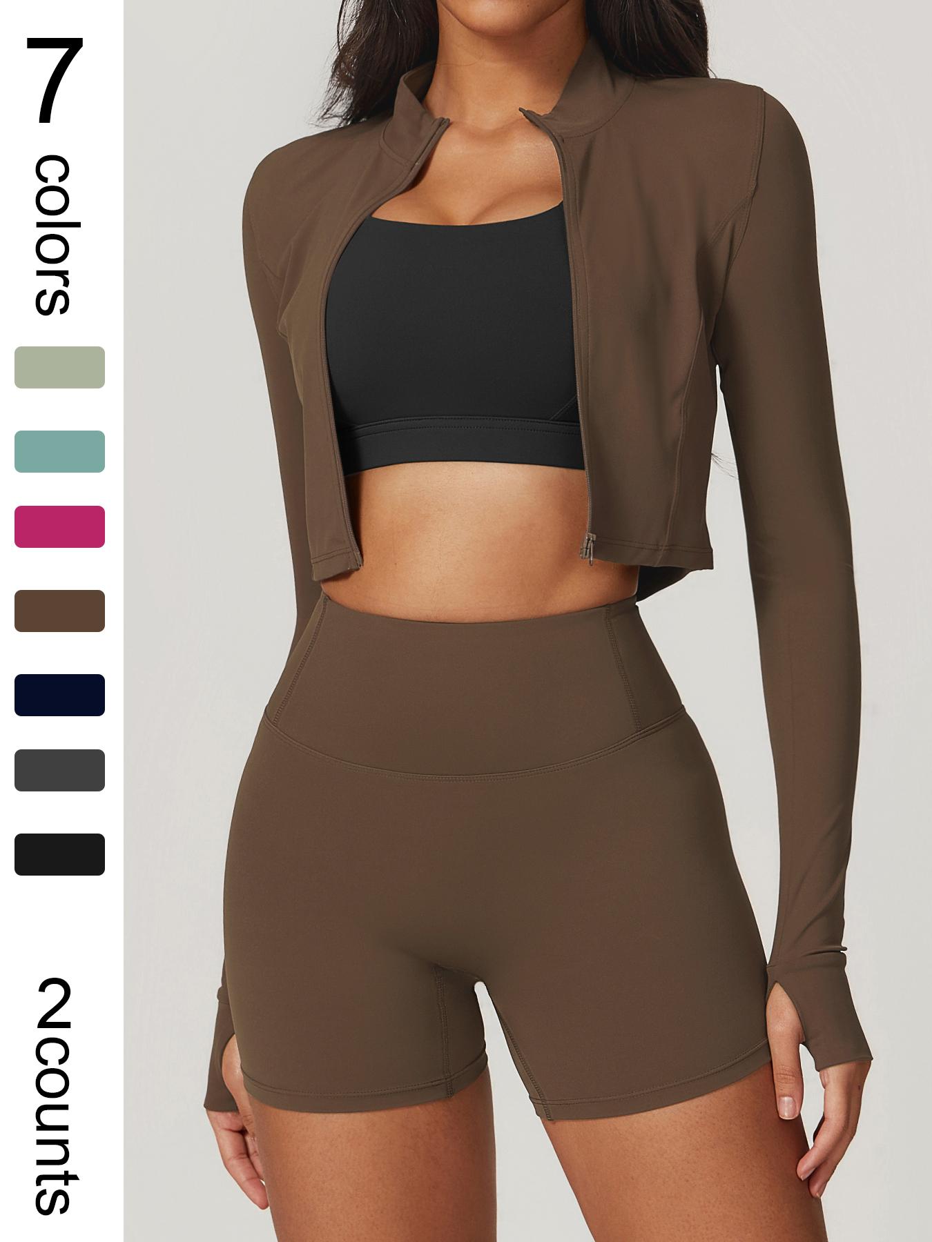 Women's high elastic soft standing neck zipper waist length shaping jacket high waist beautiful buttocks shorts yoga suit set Fitness Outfits Outdoor Running Cycling, Mountaineering Strolling Set Gym Sports Training Fashion Coat Shorts