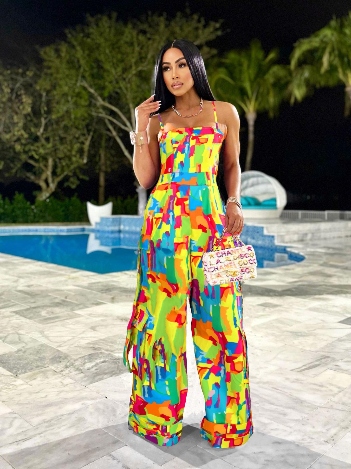 Women's Plain / All Over Print Multi-Pocket Wide Leg Cargo Jumpsuit, Casual Tape Decor Backless Spaghetti Strap Cami Sleeveless Jumpsuit, Ladies Clothes For Streetwear