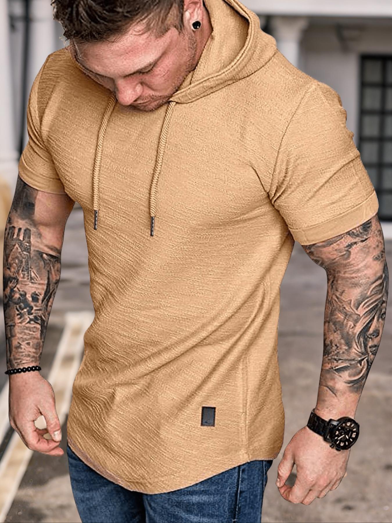 Men's Solid Plain Drawstring Hooded Jersey Tee, Casual Regular Fit Short Sleeve T-Shirt for Summer, Menswear for Daily Wear