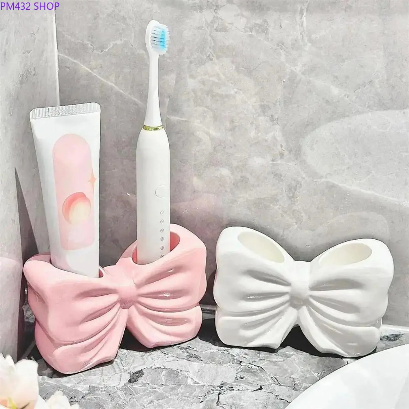 Cute Bow Ceramic Toothbrush Holder - Decorative Bathroom Counter Organizer, Multi-Use Storage for Electric Brushes, Manual Brushes, Toothpaste, Razors & Essentials, Ideal for Home & Dorm