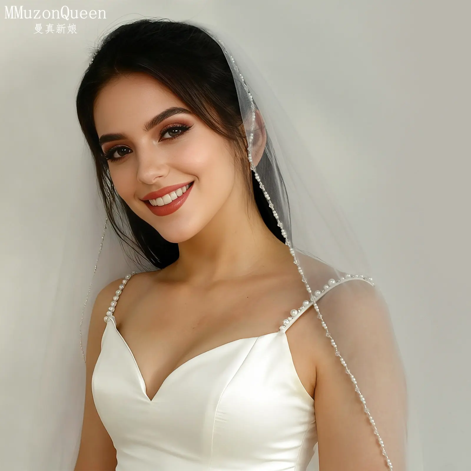 Pearl-edged wedding veil, fingertip-length single-layer tulle veil, elegant beaded-edge headpiece, minimalist sheer bridal hair accessory.