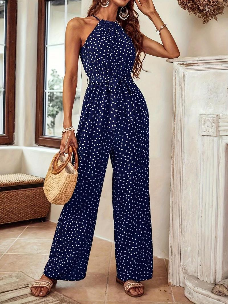 Women's Polka Dot Print Belted Tie Waist Jumpsuit, Casual Elegant Sleeveless Jumpsuit for Summer, Women's Jumpsuit for Beach Holiday