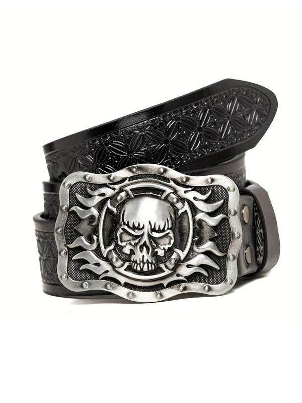 Cool Western Cowboy Flame Skull Belt, Vintage Gothic Casual Streetwear, Stylish Punk Fashion Pants Belt for Men