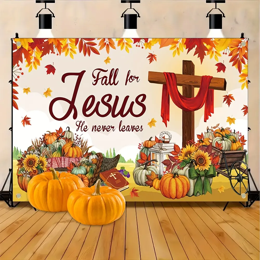 Fall Harvest Thanksgiving Backdrop Banner with Cross Bible Pumpkin Cart Design for Indoor Outdoor Celebrations and Parties