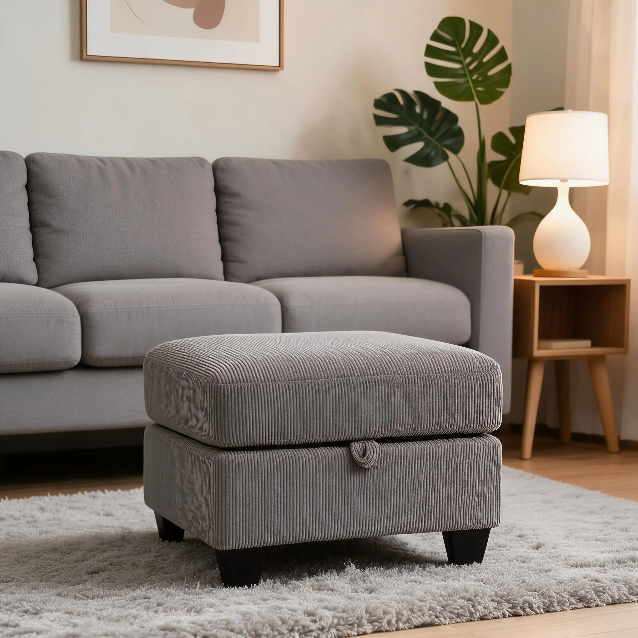 Corduroy Upholstered Storage Ottoman Bench, Lift-Top Rectangular Footrest Stool with Hidden Interior Storage & Tapered Black Wood Legs, Multifunctional Accent Ottoman for Entryway, Living Room & Bedroom