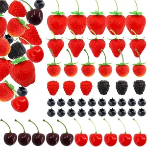 52PCS Artificial Fake Fruit Set Including Fake Strawberries Blueberries Raspberries Cherries, Reusable Waterproof Plastic Faux Fruit for Cake Dessert, Party Home Kitchen Decoration Photography Props