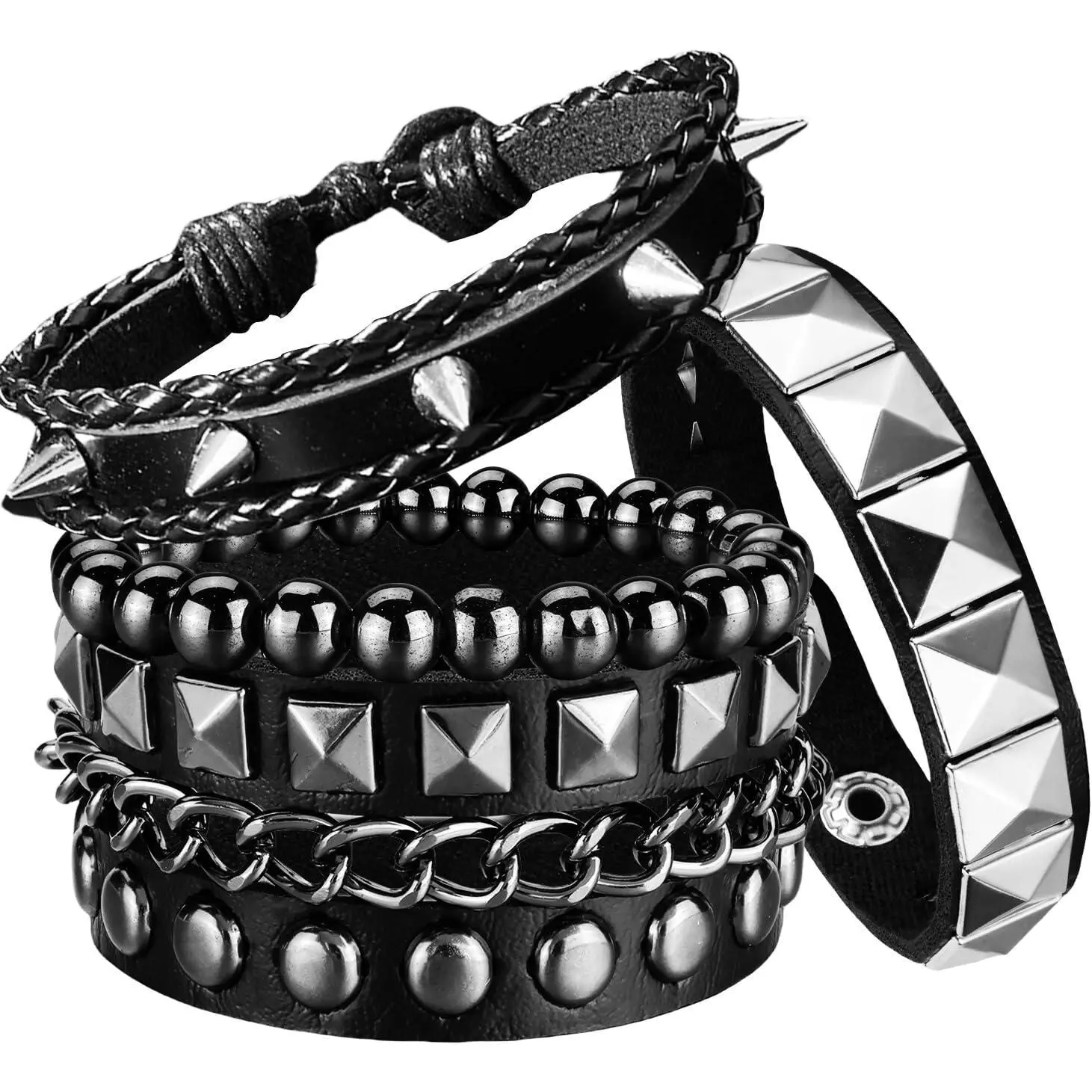 4 count Leather Punk Rock Studded Bracelets Set for Men and Women 80s Adjustable Spike Cuff and Retro Emo  Accessories