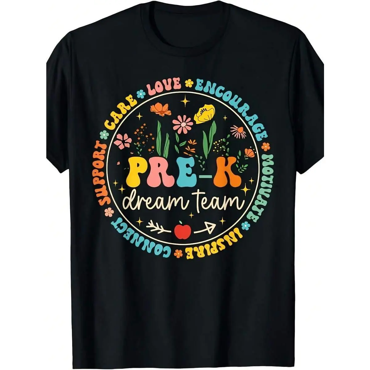Preschool Dream Team Back-To-School Season Teacher Appreciation T-Shirt - Unisex Vintage Print T-Shirt, Featuring Floral And School Icons