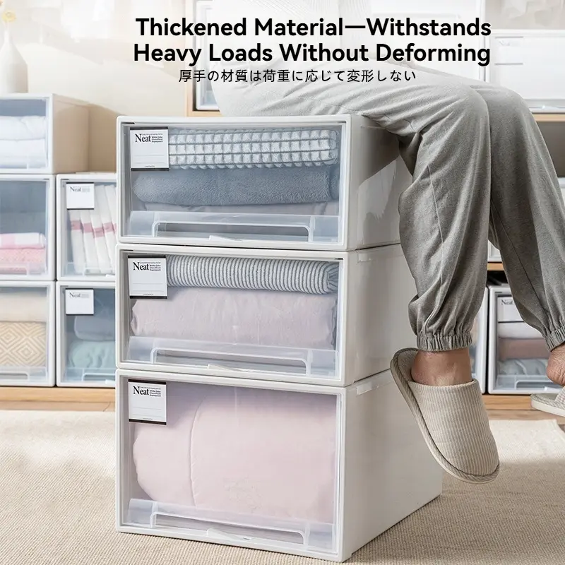 Clear Plastic Pull‑Out Closet Organizer Bin with Handle, Space‑Saving Stackable Dust‑Proof Visible Storage Container, for Wardrobe Bedroom Clothes Towel & Dorm Apartment, Housewarming Gift for Home Organizers, Dustproof Storage Boxes