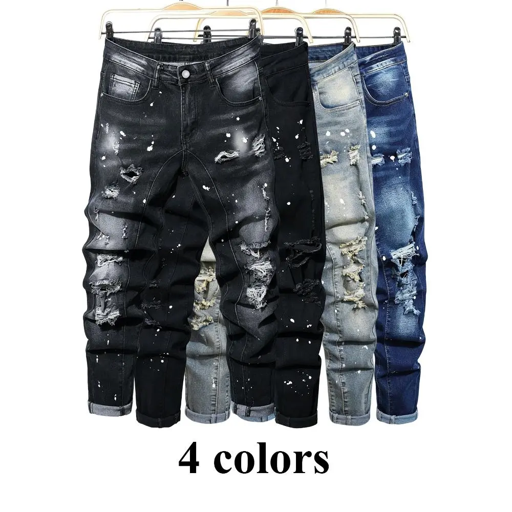 Men's Pocket Paint Printed Casual Jeans, Ripped Jeans, Fashion Street Jeans, High Street Jeans, Wear in All Seasons