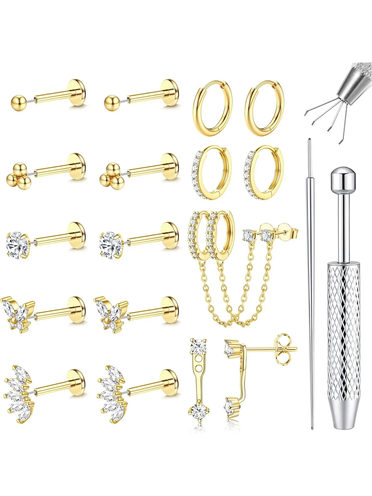 20G Flat Back Piercing Studs for Women, Hypoallergenic Surgical Steel Threadless Push-in Nose Studs, 14K Gold Plated Huggie Hoops, multi-use for Conch, Helix, Tragus, Cartilage Piercing Jewelry, great for daily wear & holiday gifts