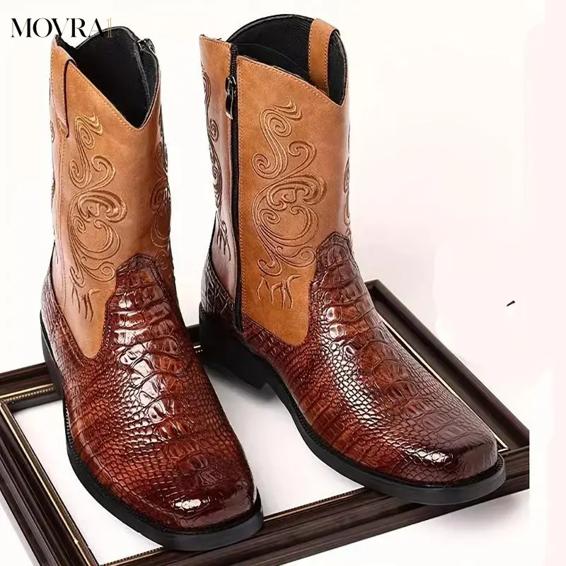 MOVRA1 Western Style Cowboy Riding Shoes for Plus Size Men - Comfy Vintage Design, Non-Durable Rubber Sole, Side Zipper, Rodeo Sports Footwear, Father's Day Gift